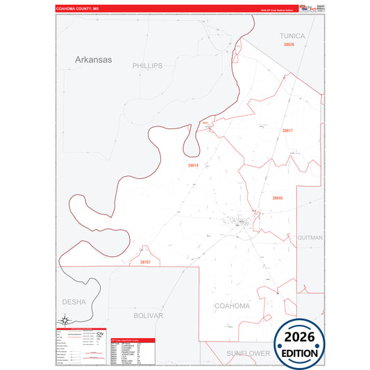 Coahoma County, MS Red Line 5 Digit ZIP Code Wall Map