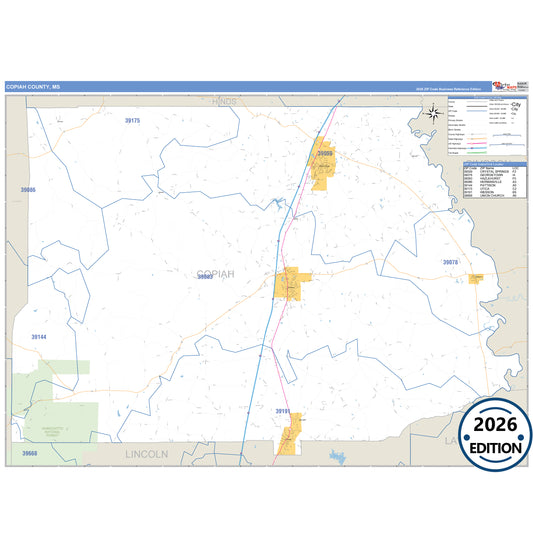 Copiah County, MS Business Reference 5 Digit ZIP Code Wall Map