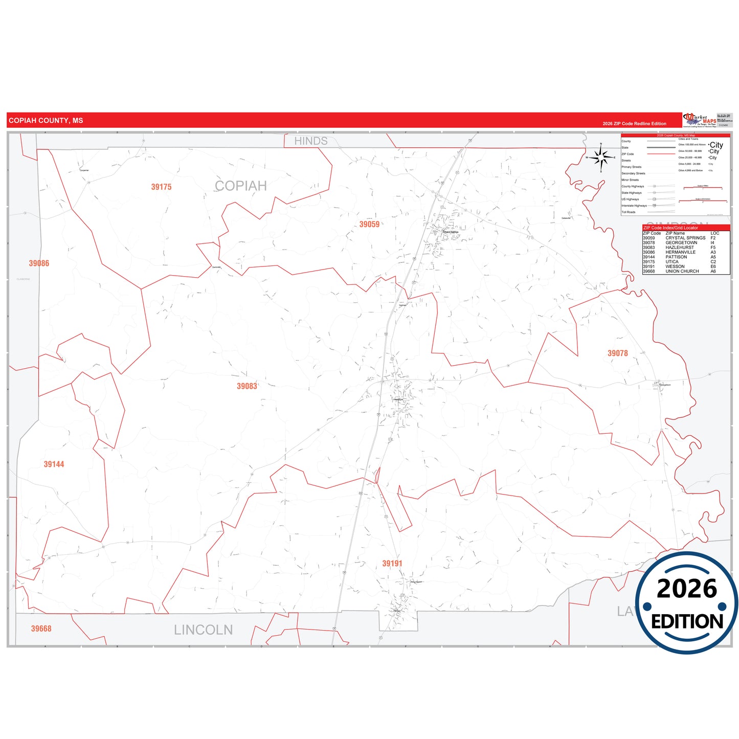 Copiah County, MS Red Line 5 Digit ZIP Code Wall Map