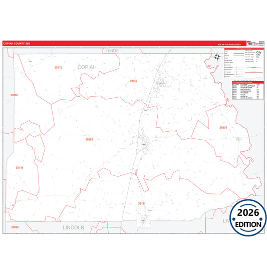 Copiah County, MS Red Line 5 Digit ZIP Code Wall Map
