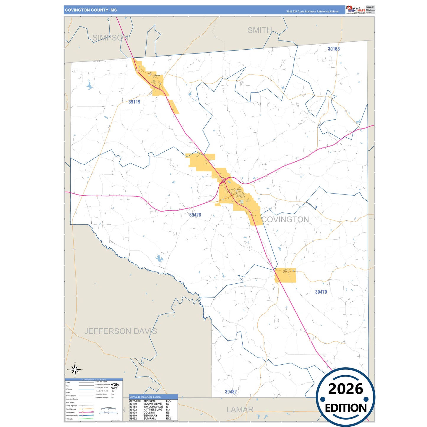 Covington County, MS Business Reference 5 Digit ZIP Code Wall Map