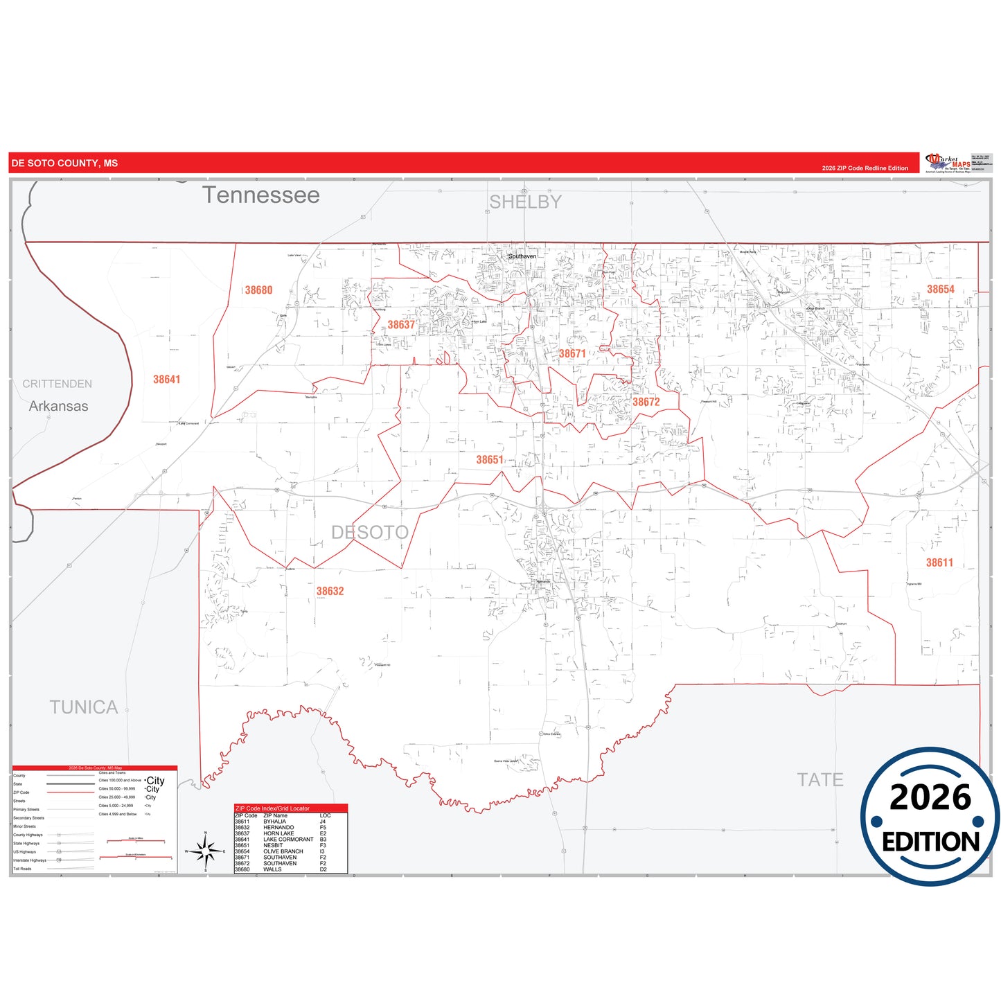 DeSoto County, MS Red Line 5 Digit ZIP Code Wall Map