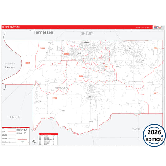 DeSoto County, MS Red Line 5 Digit ZIP Code Wall Map