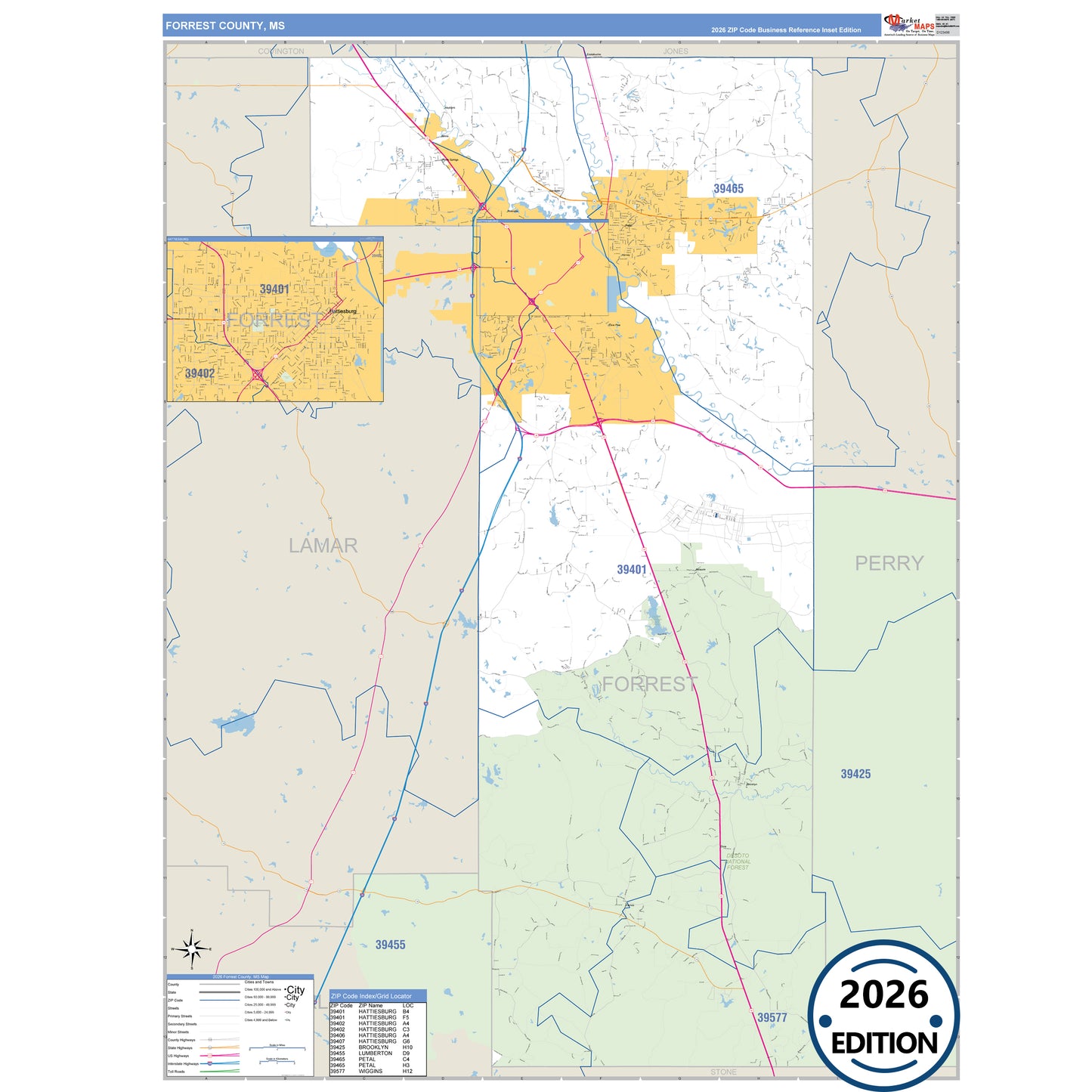 Forrest County, MS Business Reference 5 Digit ZIP Code Wall Map
