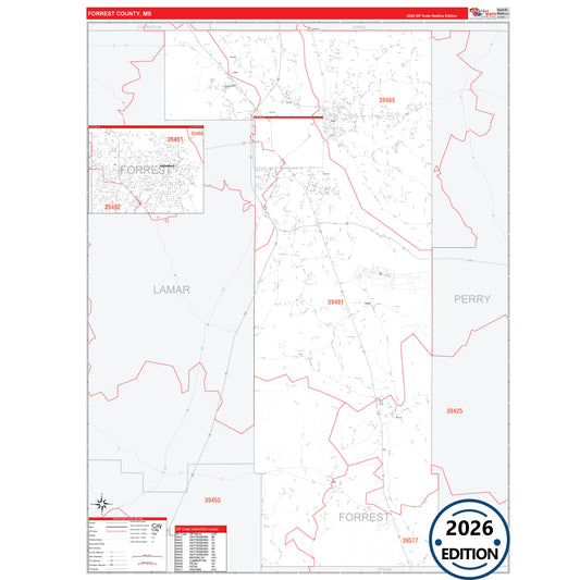 Forrest County, MS Red Line 5 Digit ZIP Code Wall Map