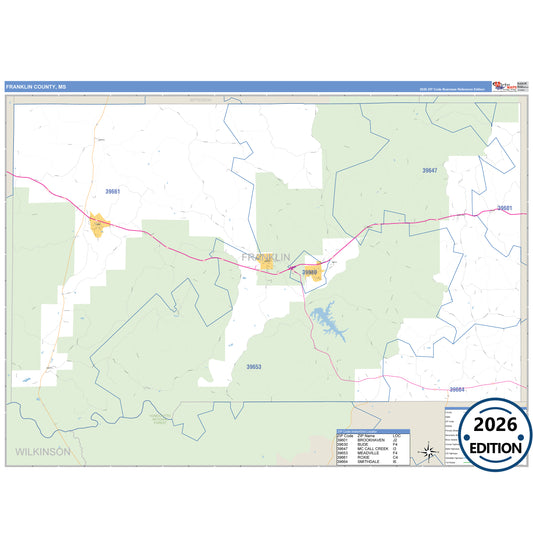 Franklin County, MS Business Reference 5 Digit ZIP Code Wall Map