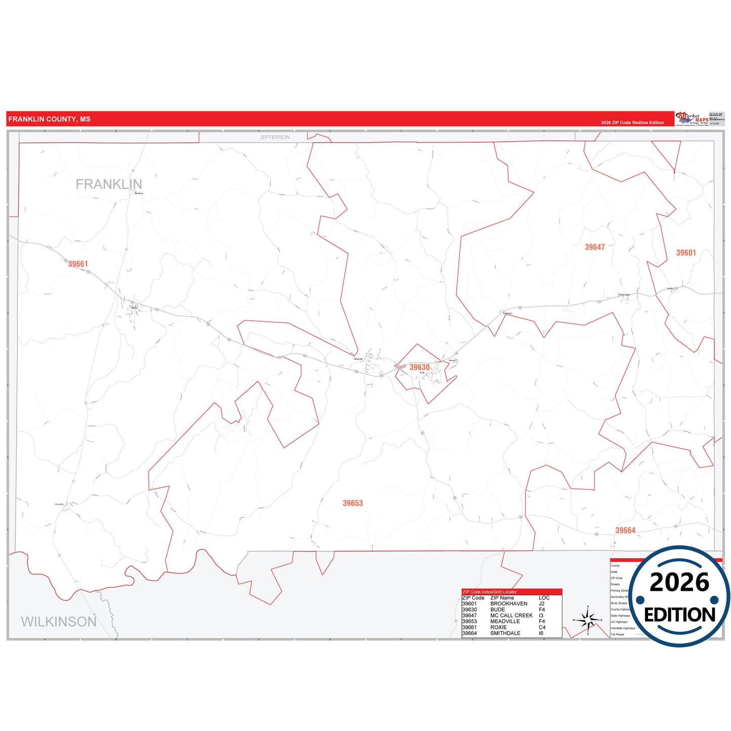 Franklin County, MS Red Line 5 Digit ZIP Code Wall Map