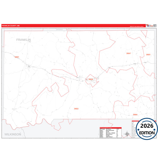 Franklin County, MS Red Line 5 Digit ZIP Code Wall Map