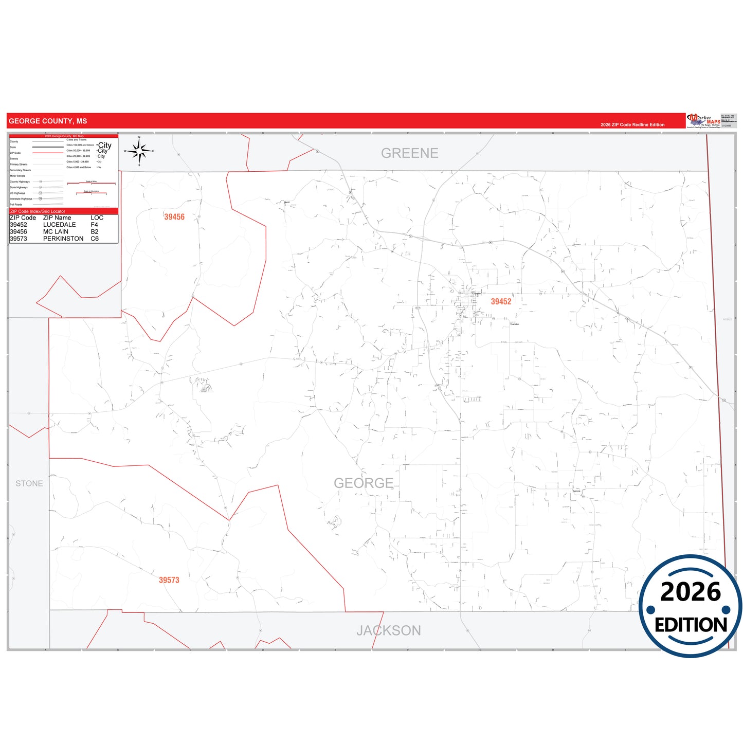 George County, MS Red Line 5 Digit ZIP Code Wall Map