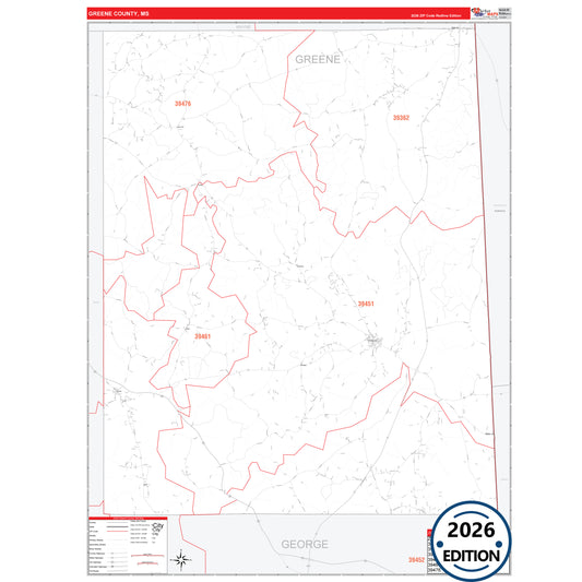 Greene County, MS Red Line 5 Digit ZIP Code Wall Map