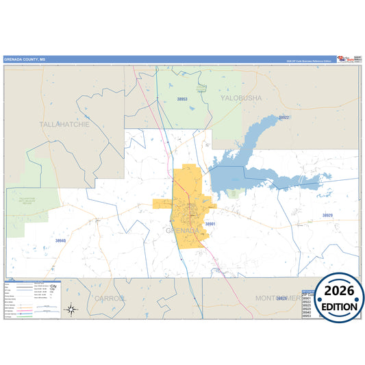 Grenada County, MS Business Reference 5 Digit ZIP Code Wall Map