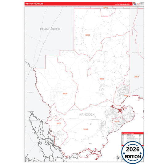 Hancock County, MS Red Line 5 Digit ZIP Code Wall Map