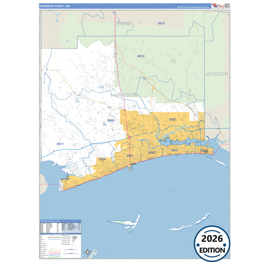 Harrison County, MS Business Reference 5 Digit ZIP Code Wall Map
