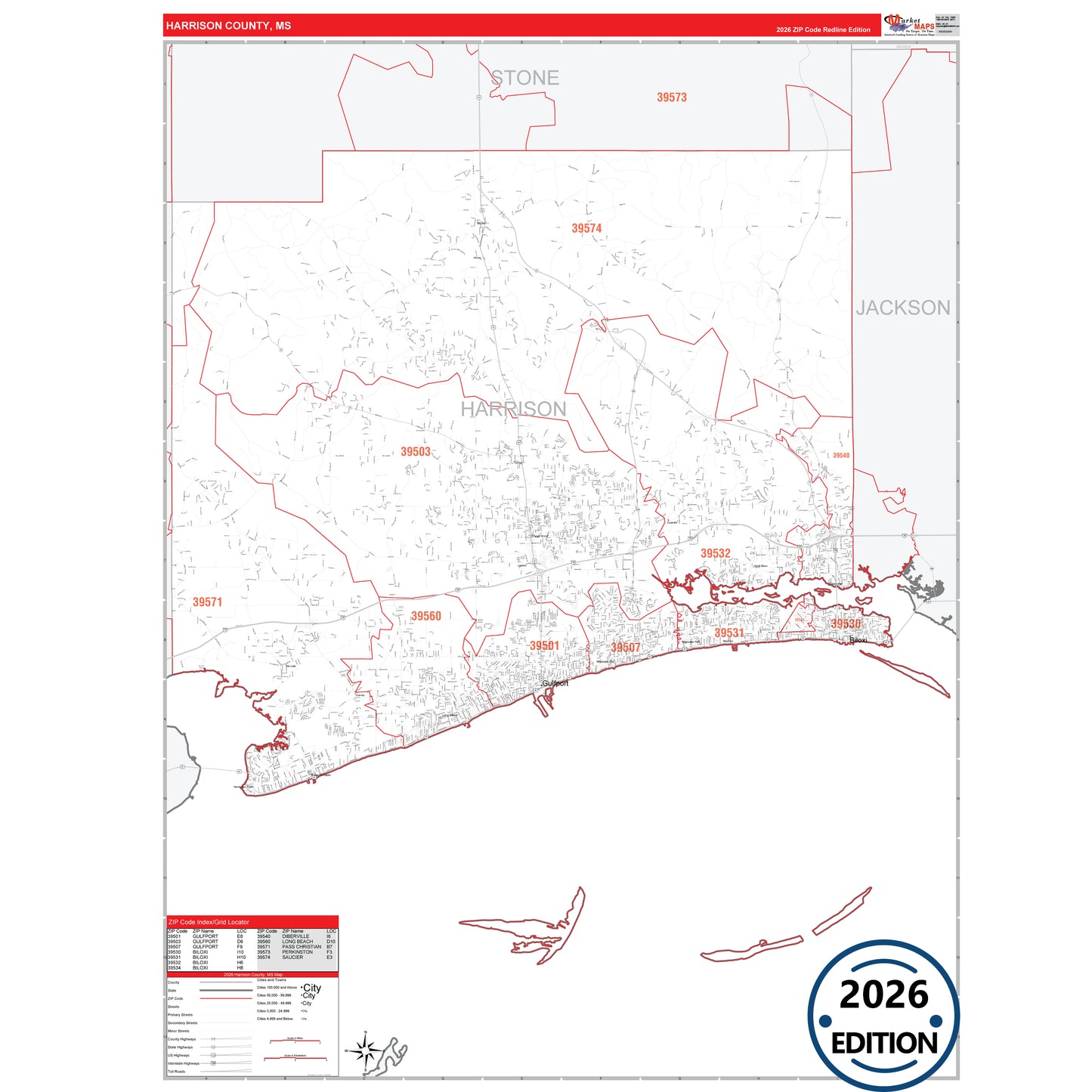 Harrison County, MS Red Line 5 Digit ZIP Code Wall Map