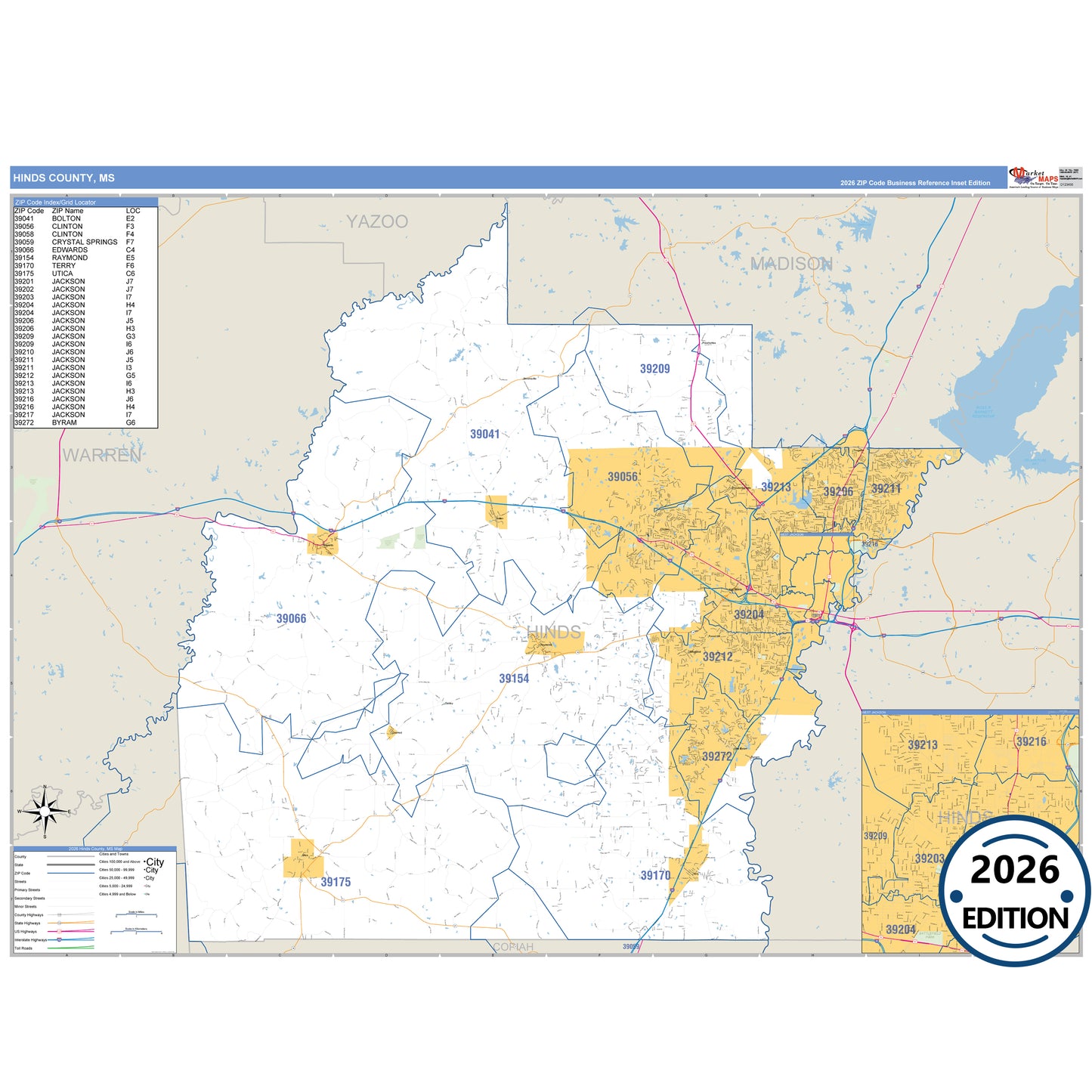 Hinds County, MS Business Reference 5 Digit ZIP Code Wall Map
