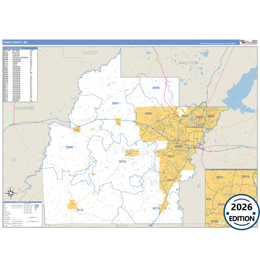 Hinds County, MS Business Reference 5 Digit ZIP Code Wall Map