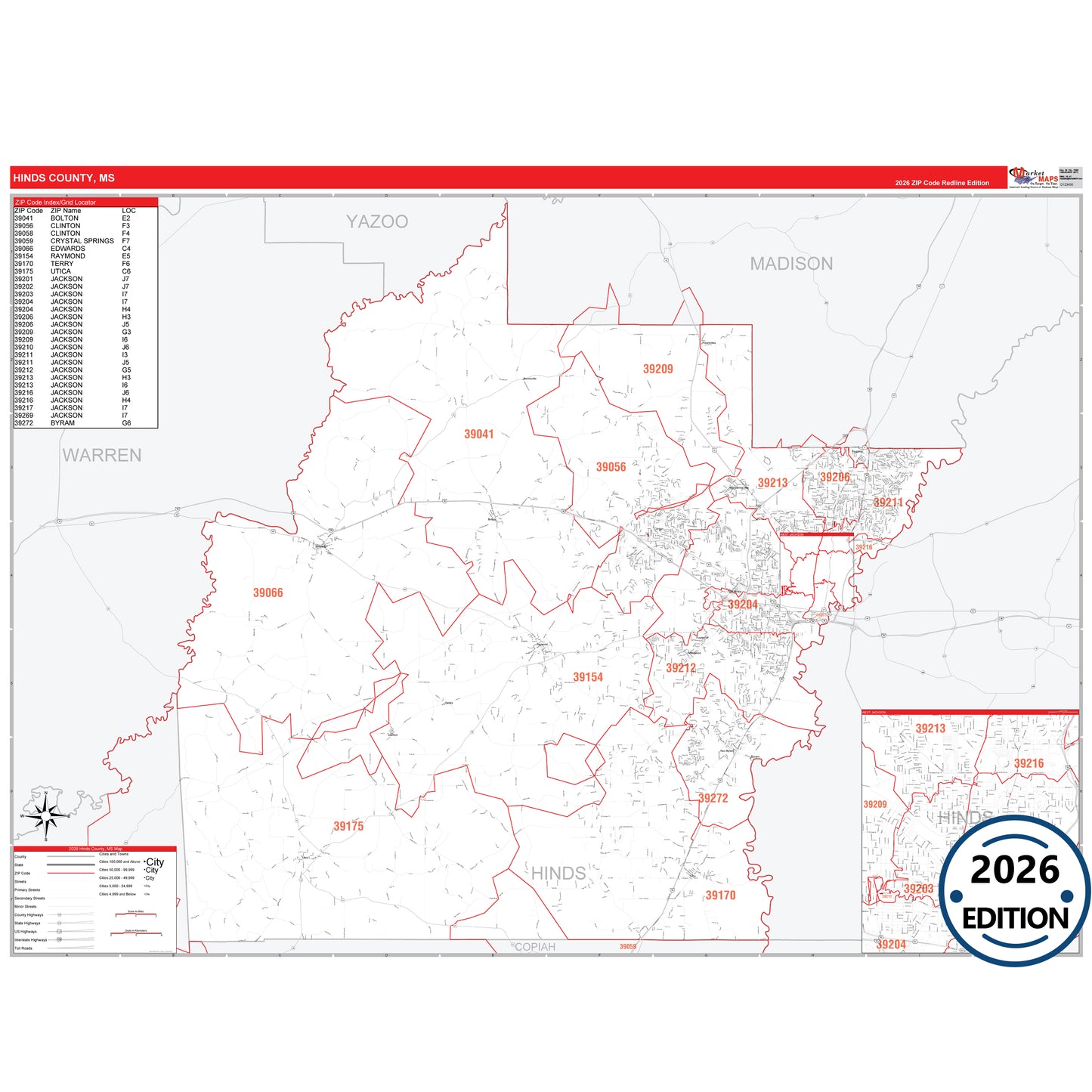 Hinds County, MS Red Line 5 Digit ZIP Code Wall Map