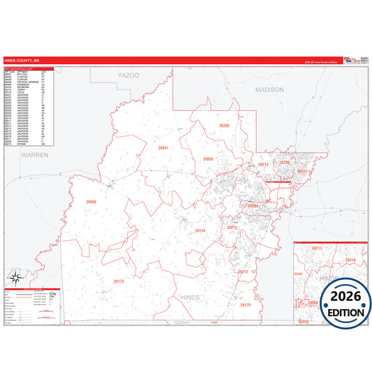 Hinds County, MS Red Line 5 Digit ZIP Code Wall Map