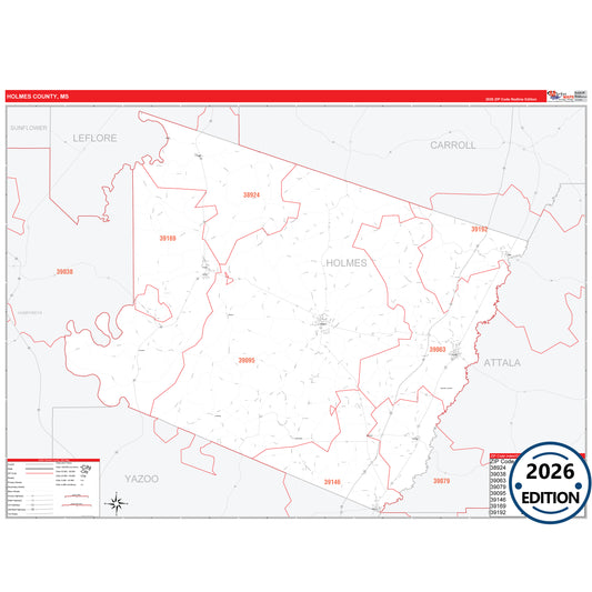 Holmes County, MS Red Line 5 Digit ZIP Code Wall Map