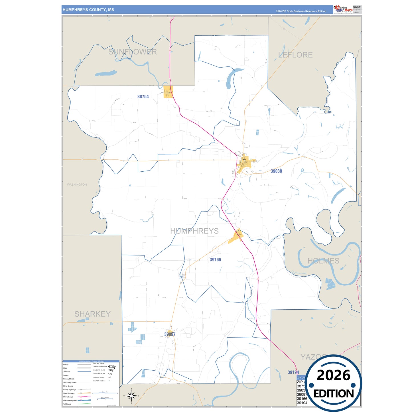 Humphreys County, MS Business Reference 5 Digit ZIP Code Wall Map