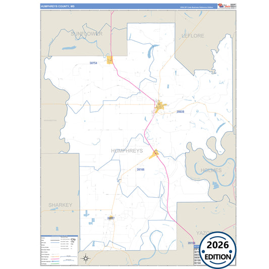 Humphreys County, MS Business Reference 5 Digit ZIP Code Wall Map