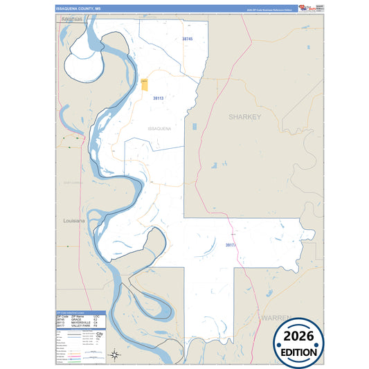 Issaquena County, MS Business Reference 5 Digit ZIP Code Wall Map