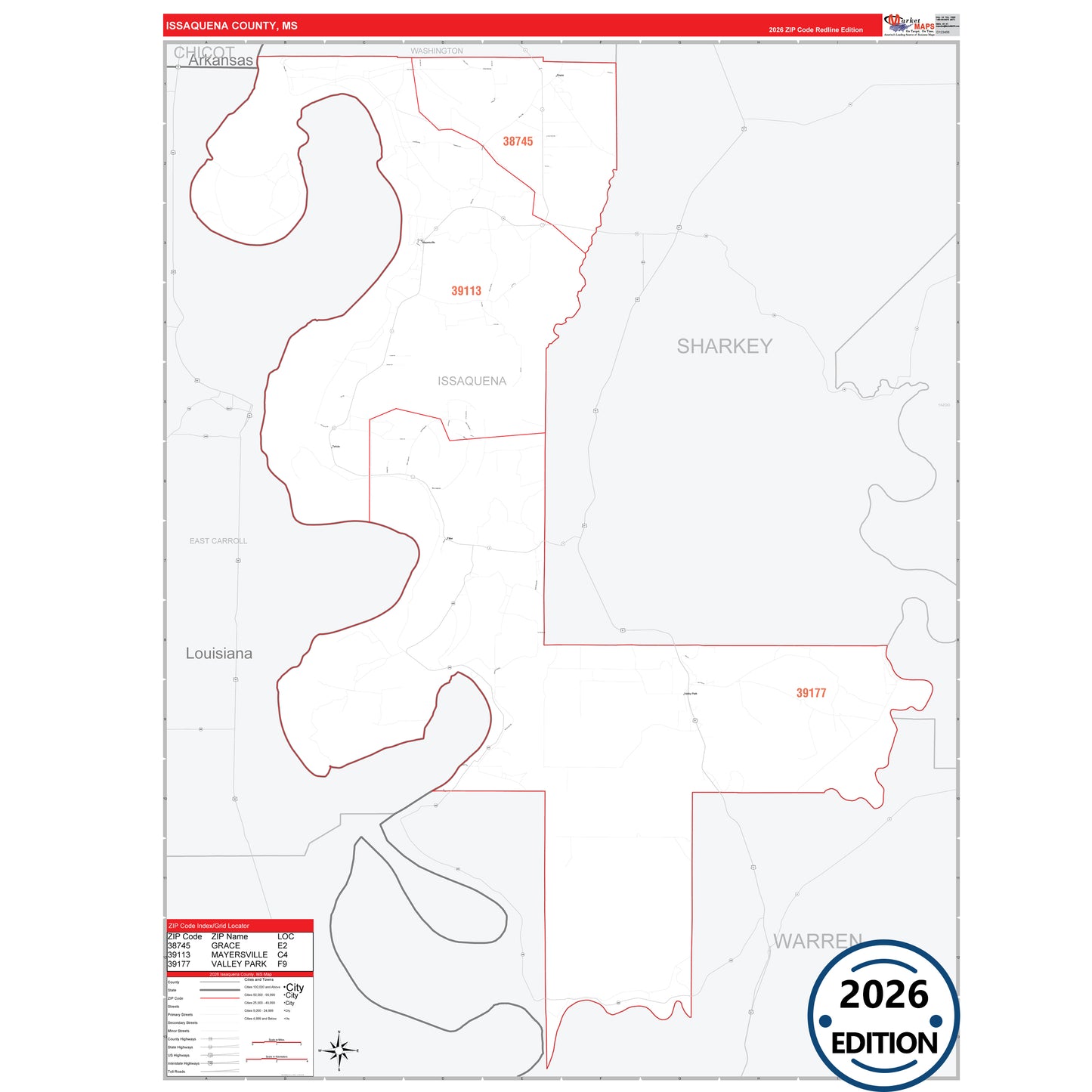 Issaquena County, MS Red Line 5 Digit ZIP Code Wall Map