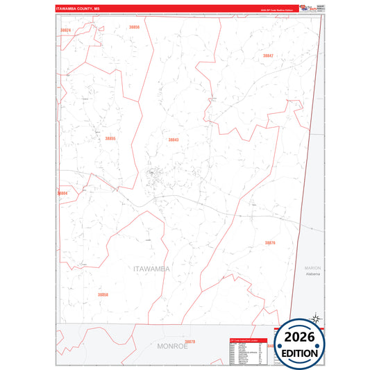 Itawamba County, MS Red Line 5 Digit ZIP Code Wall Map