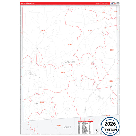 Jasper County, MS Red Line 5 Digit ZIP Code Wall Map