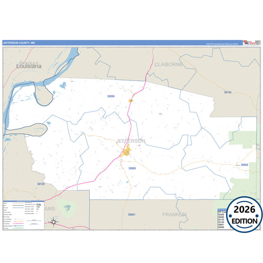 Jefferson County, MS Business Reference 5 Digit ZIP Code Wall Map