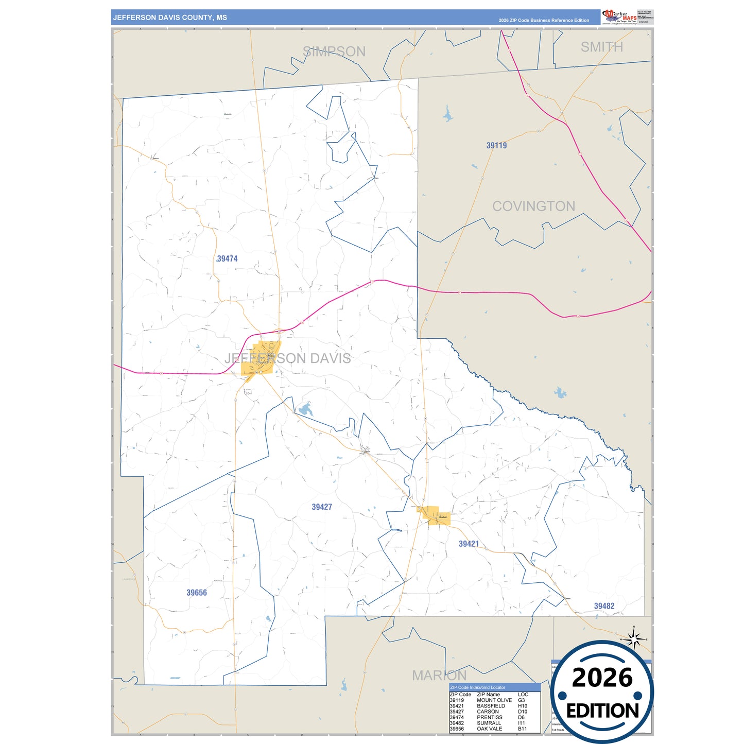 Jefferson Davis County, MS Business Reference 5 Digit ZIP Code Wall Map
