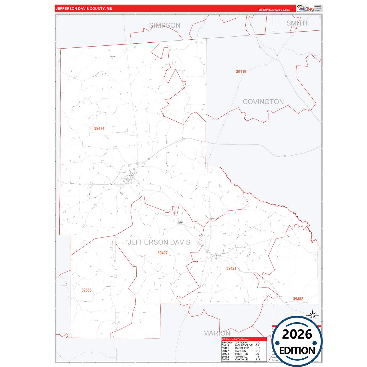 Jefferson Davis County, MS Red Line 5 Digit ZIP Code Wall Map