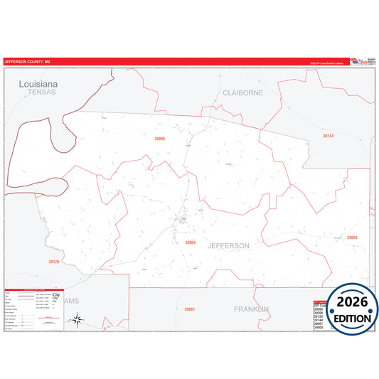 Jefferson County, MS Red Line 5 Digit ZIP Code Wall Map