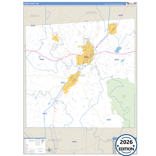 Jones County, MS Business Reference 5 Digit ZIP Code Wall Map