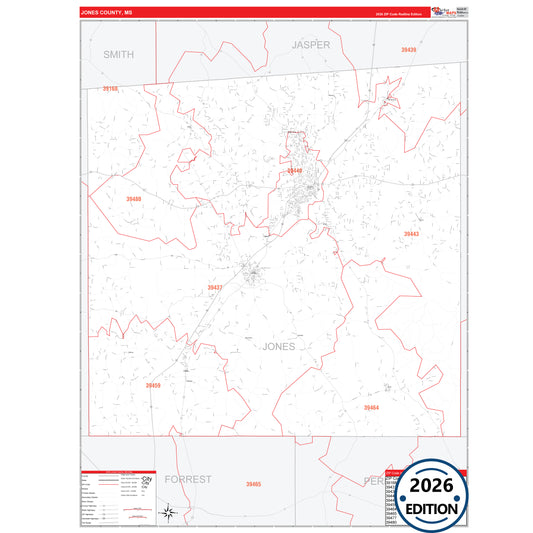 Jones County, MS Red Line 5 Digit ZIP Code Wall Map