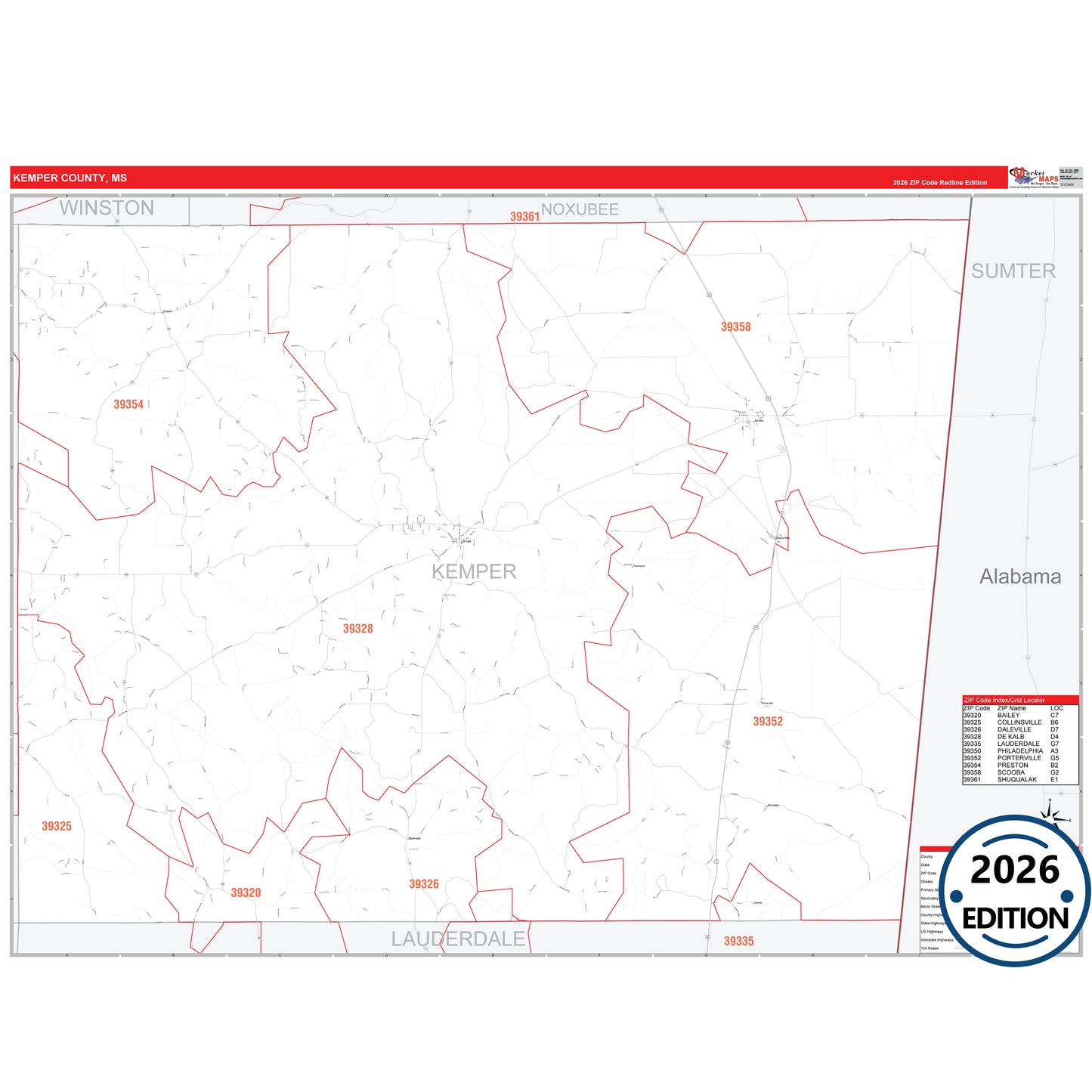 Kemper County, MS Red Line 5 Digit ZIP Code Wall Map