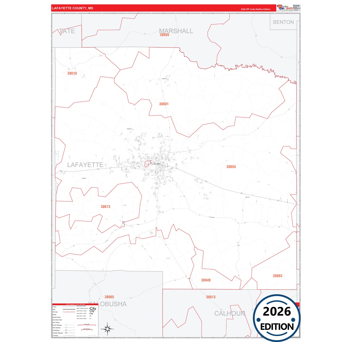 Lafayette County, MS Red Line 5 Digit ZIP Code Wall Map