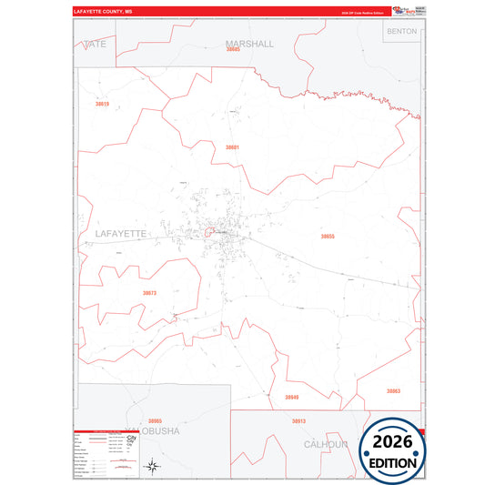 Lafayette County, MS Red Line 5 Digit ZIP Code Wall Map