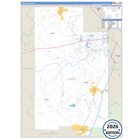 Lamar County, MS Business Reference 5 Digit ZIP Code Wall Map