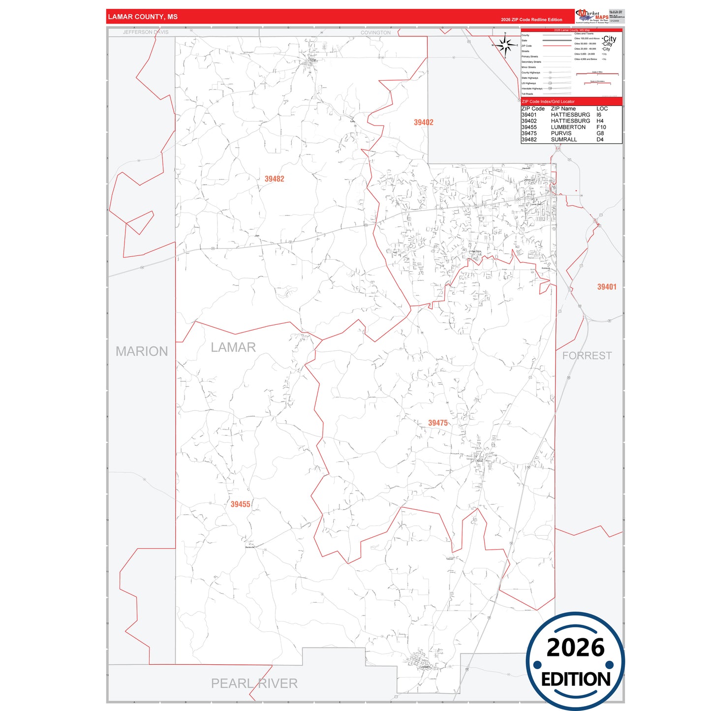 Lamar County, MS Red Line 5 Digit ZIP Code Wall Map