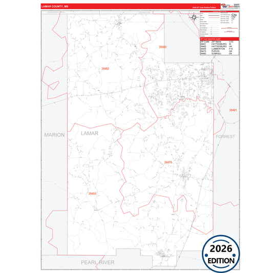 Lamar County, MS Red Line 5 Digit ZIP Code Wall Map
