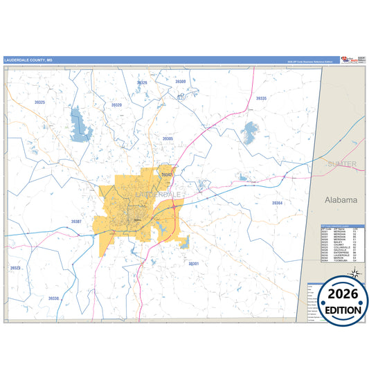 Lauderdale County, MS Business Reference 5 Digit ZIP Code Wall Map