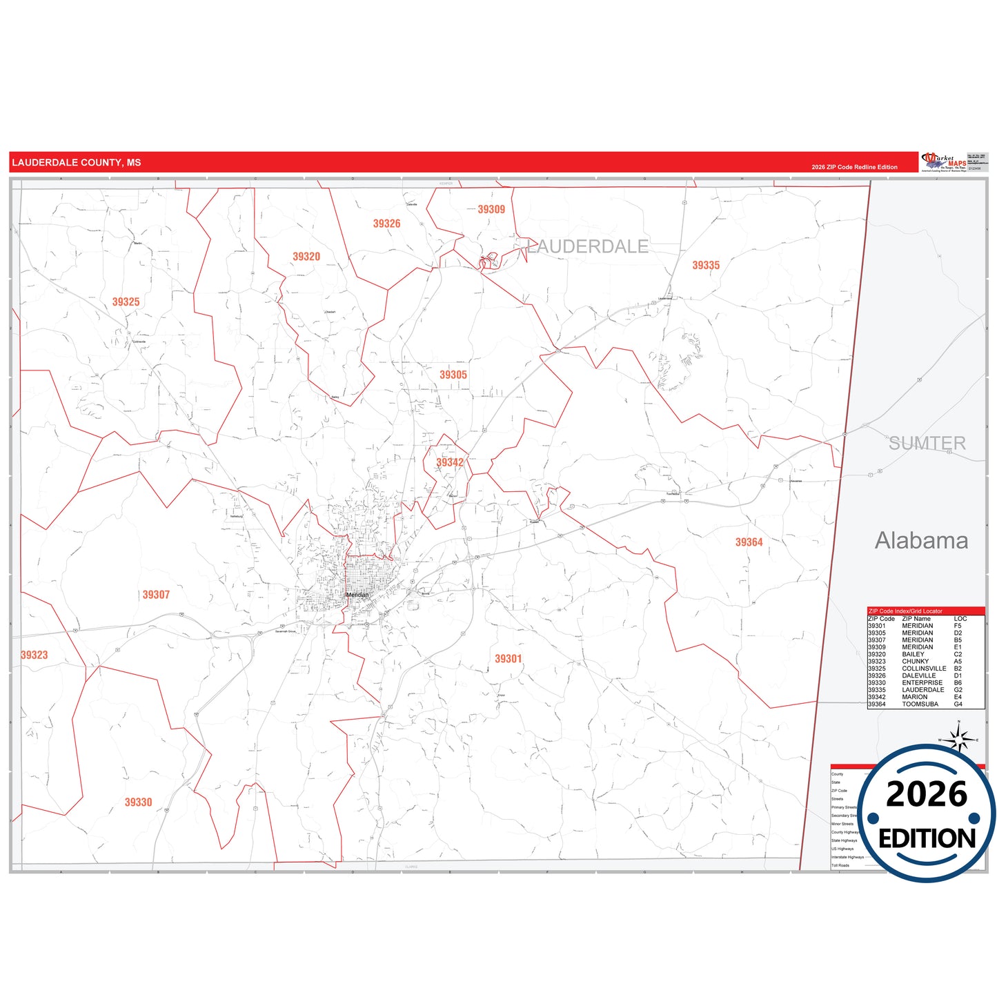 Lauderdale County, MS Red Line 5 Digit ZIP Code Wall Map