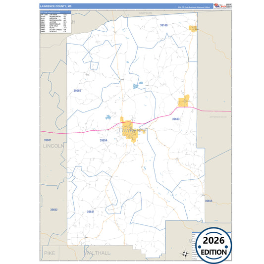 Lawrence County, MS Business Reference 5 Digit ZIP Code Wall Map