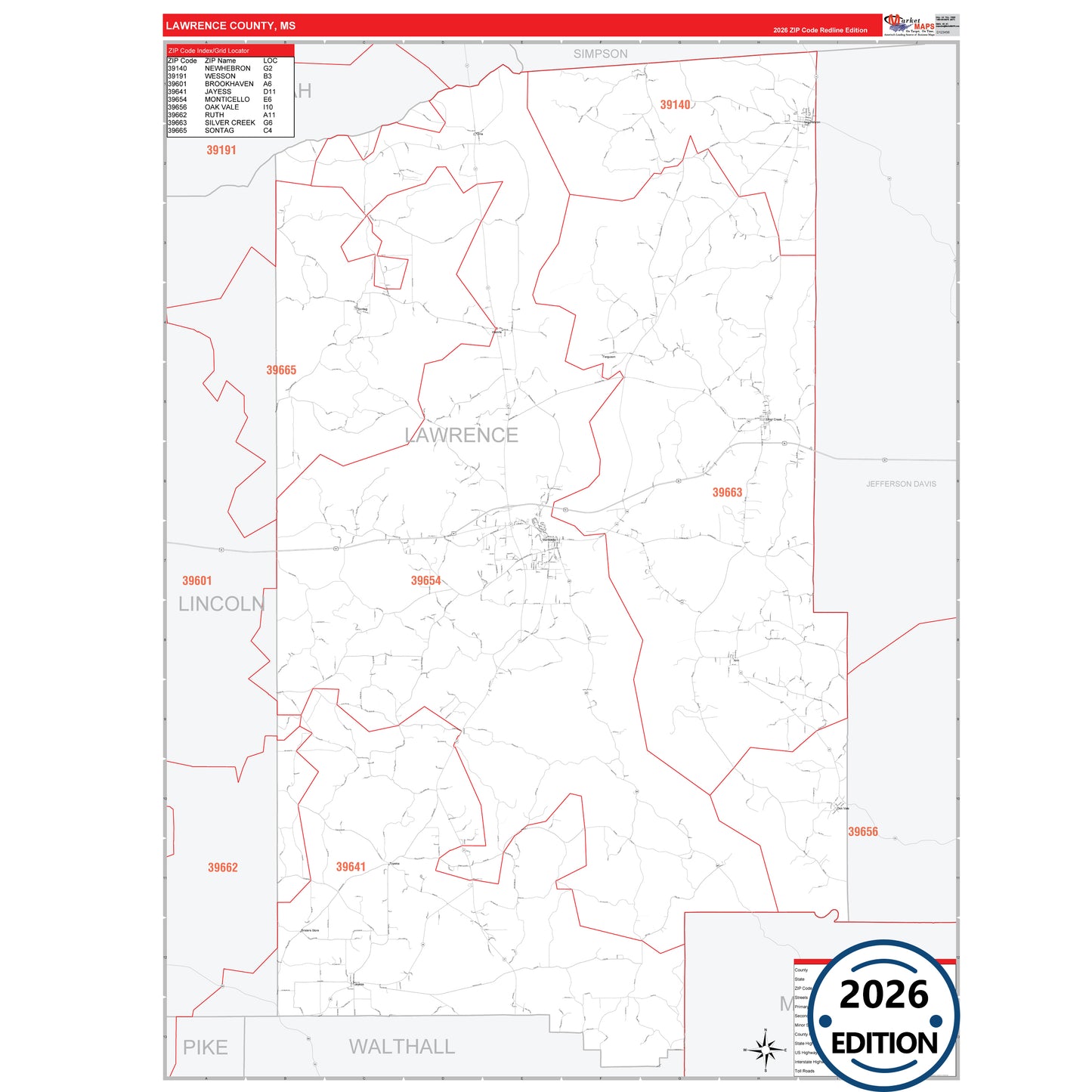 Lawrence County, MS Red Line 5 Digit ZIP Code Wall Map