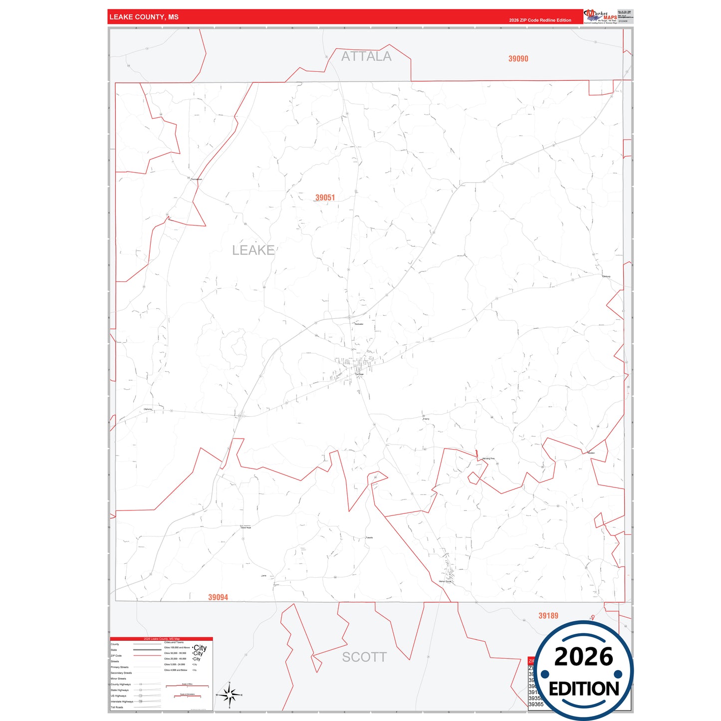Leake County, MS Red Line 5 Digit ZIP Code Wall Map