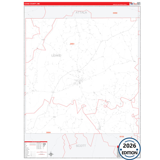 Leake County, MS Red Line 5 Digit ZIP Code Wall Map