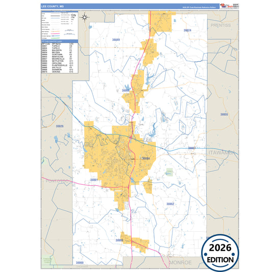 Lee County, MS Business Reference 5 Digit ZIP Code Wall Map