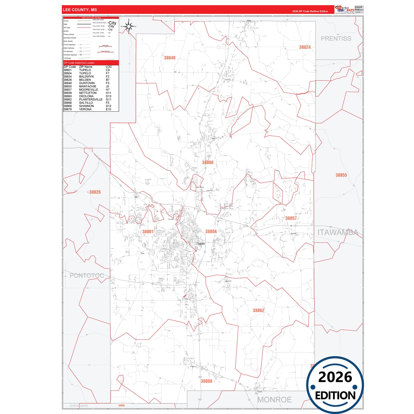 Lee County, MS Red Line 5 Digit ZIP Code Wall Map