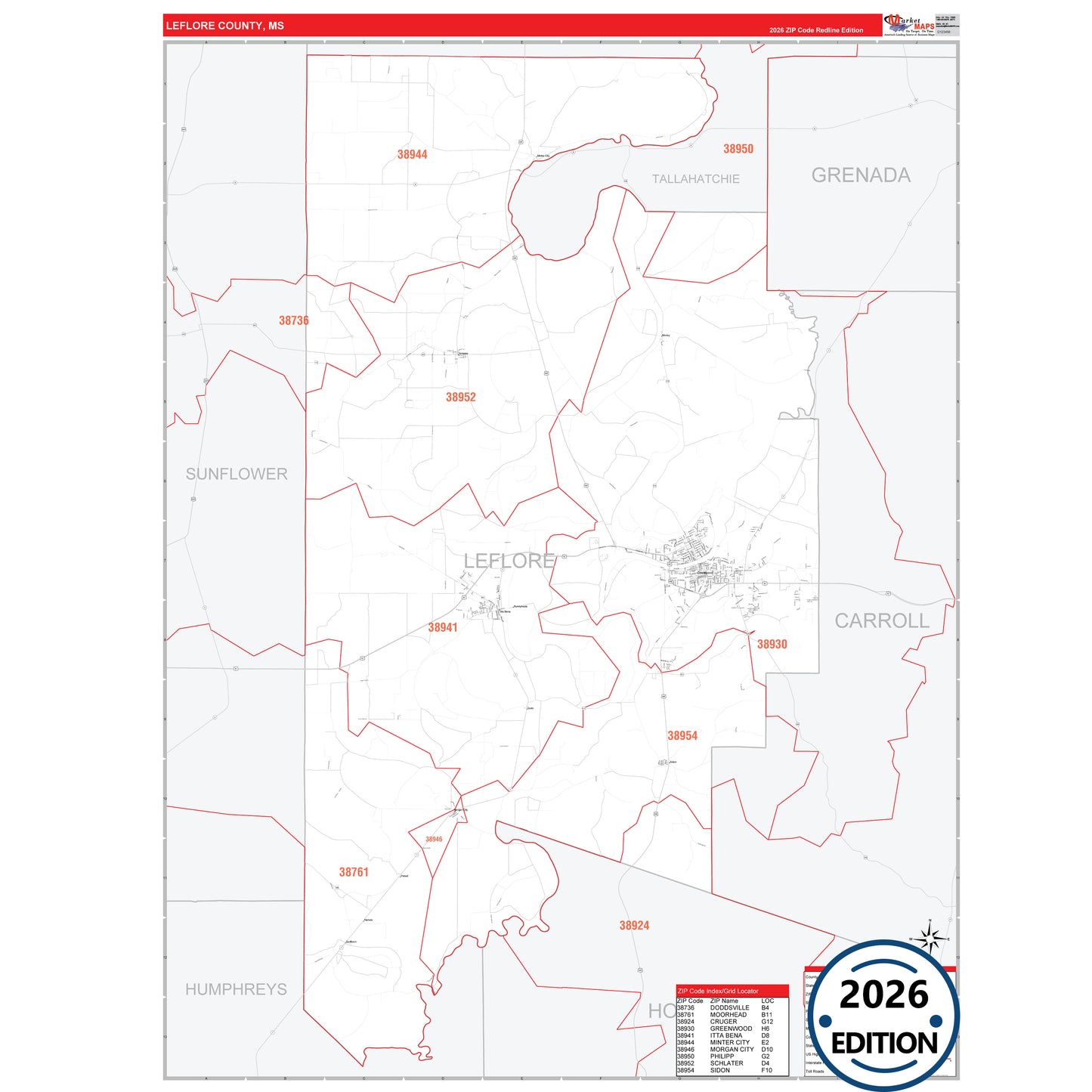 Leflore County, MS Red Line 5 Digit ZIP Code Wall Map